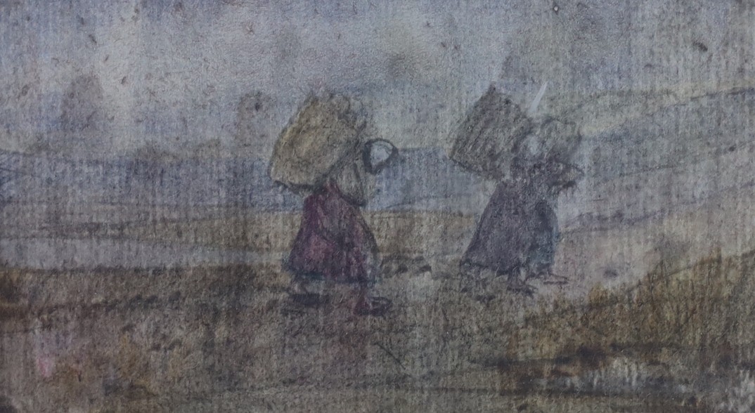 Edith Œnone Somerville (Irish, 1858-1949), watercolour and pencil, 'Bringing home the creels', inscribed verso, 7 x 12.5cm and a pencil drawing, 'The Irish Horse Dealer', illustration from All on the Irish Shore, 14 x 11